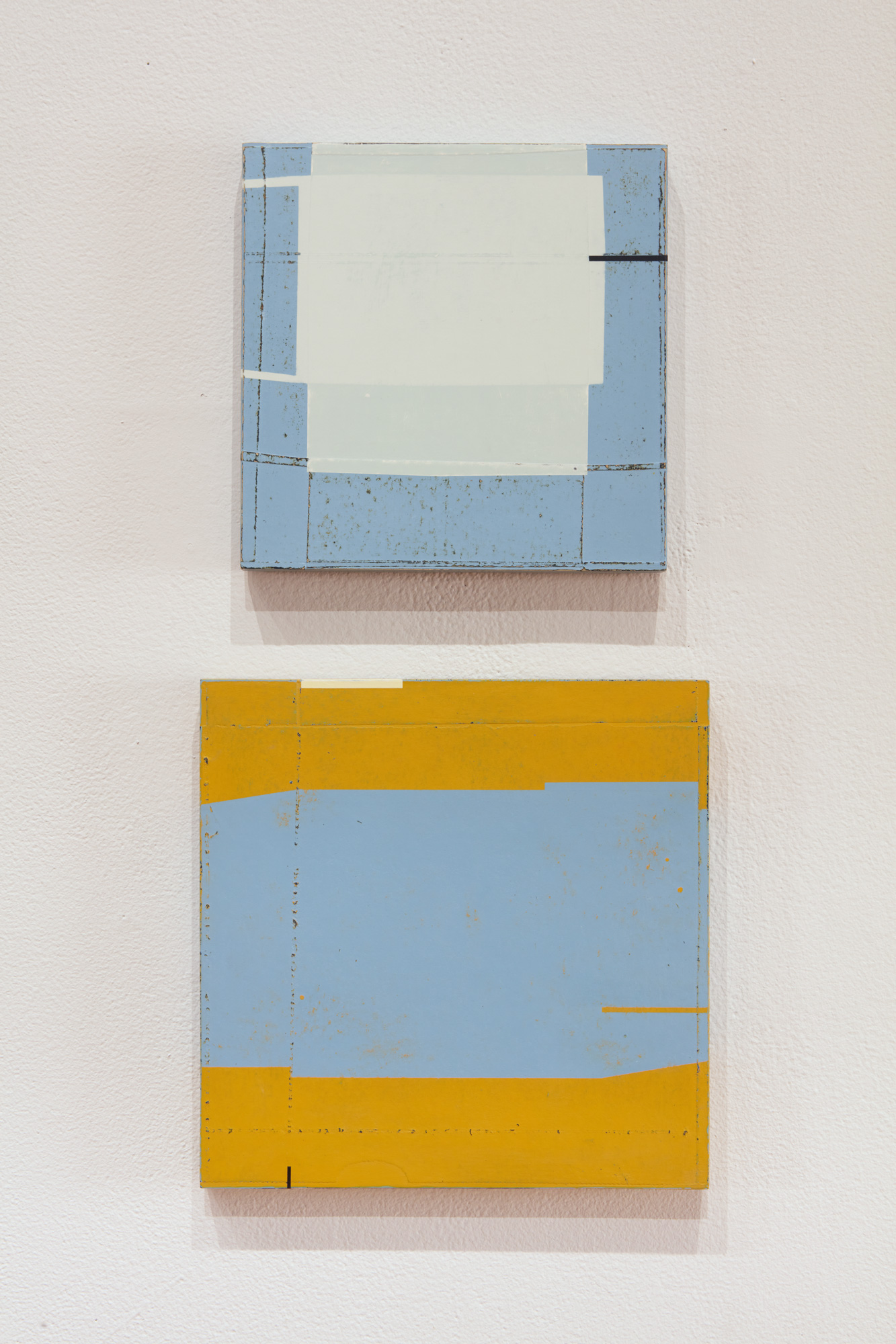 Babette Herschberger, Collage Painting #38, 2018. acrylic and paper collage on wood panel. 10 x 10 x 1 in. Collage Painting #41, 2018. acrylic and paper collage on wood panel. 12 x 12 x 1 in. Courtesy of the artist. Installation view of Skyway 20/21 exhibition at USF Contemporary Art Museum. Photo: Will Lytch.