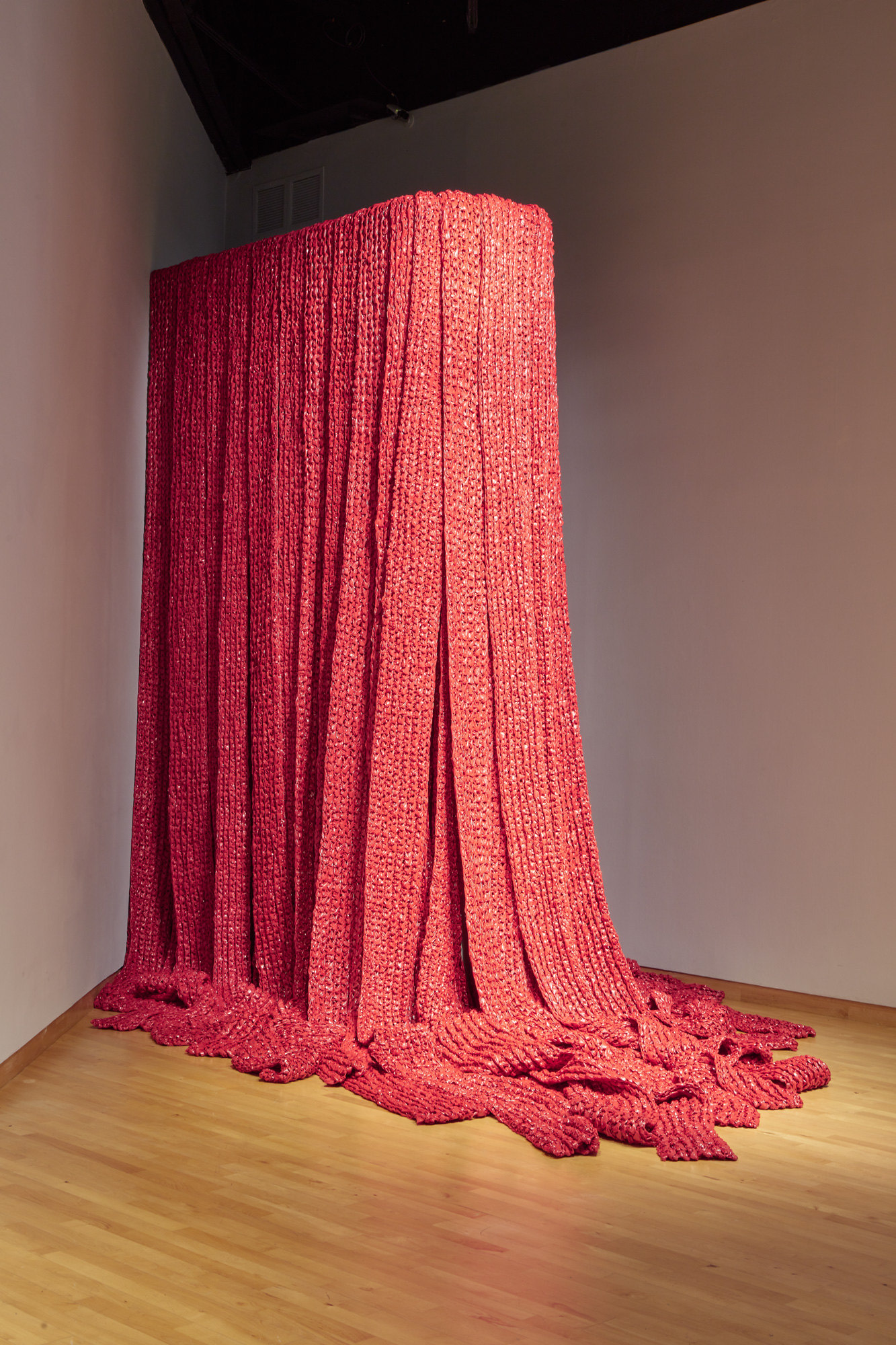 Akiko Kotani, Red Falls, 2021. crocheted polyethylene, dimensions variable. Courtesy of the artist. Installation view of Skyway 20/21 exhibition at USF Contemporary Art Museum. Photo: Will Lytch.