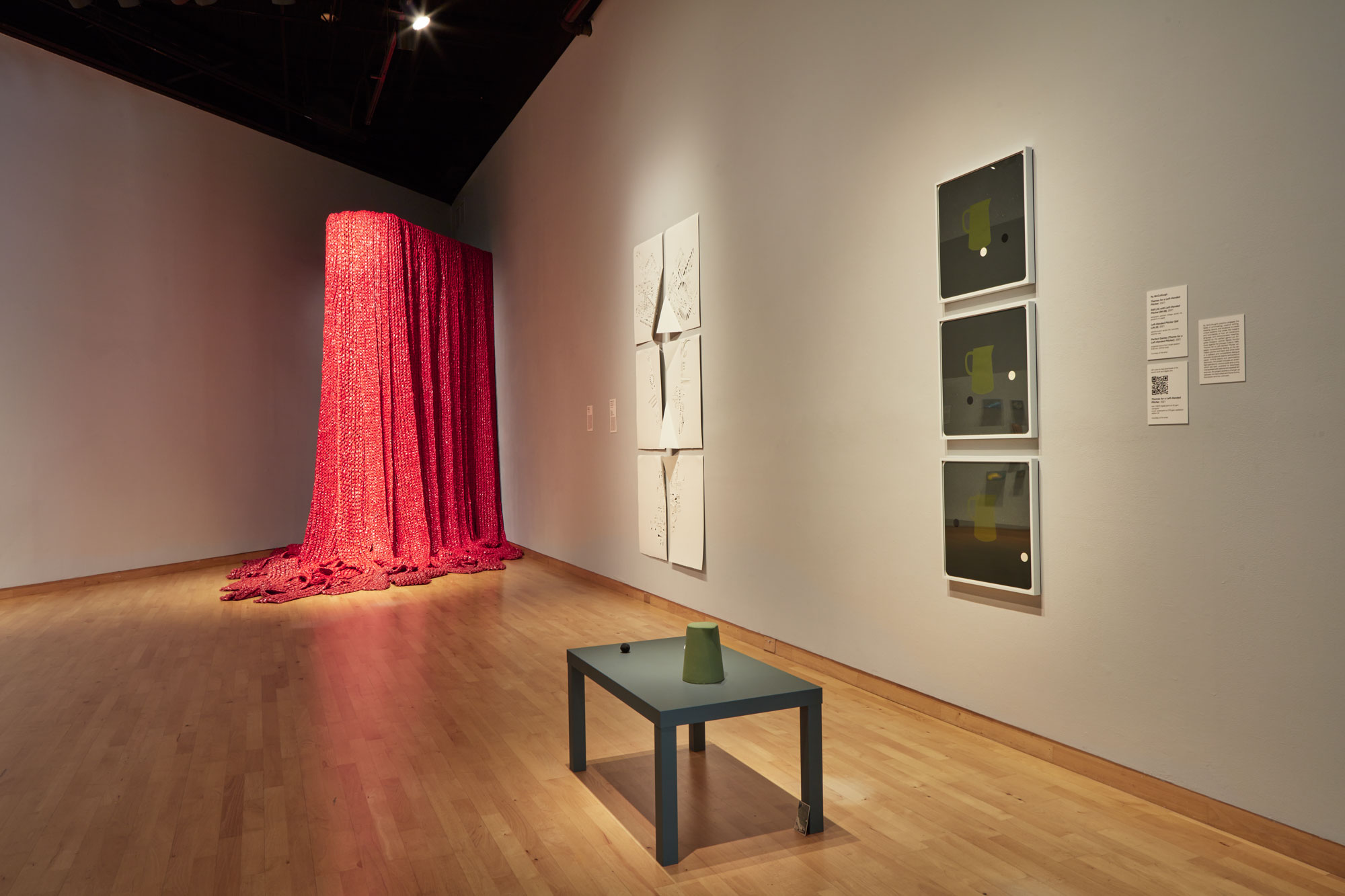 Installation view of Skyway 20/21 exhibition at USF Contemporary Art Museum. Left to right: works by Akiko Kotani, Rosemarie Chiarlone, and Ry McCollough. Photo: Will Lytch.