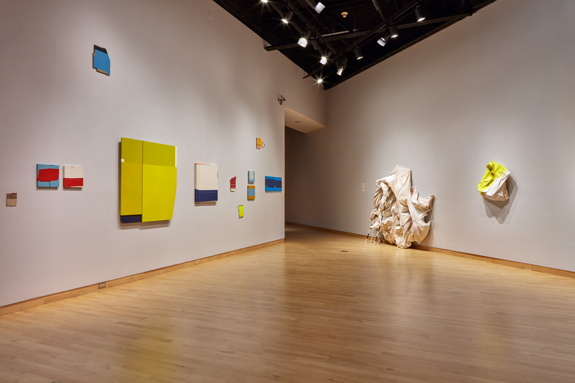 Installation view of Skyway 20/21 exhibition at USF Contemporary Art Museum. Left to right: works by Babette Herschberger and Cynthia Mason. Photo: Will Lytch.