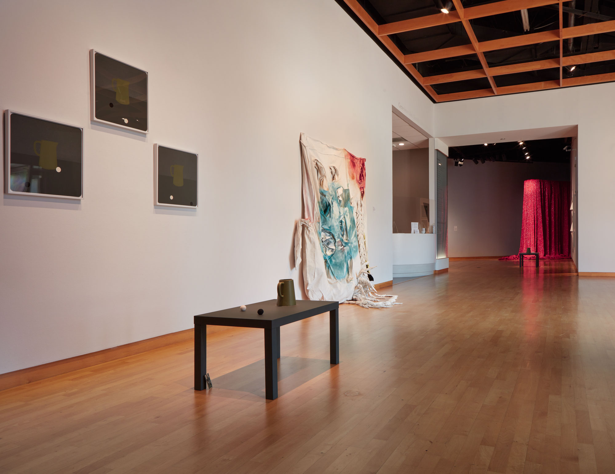Installation view of Skyway 20/21 exhibition at USF Contemporary Art Museum. Left to right: works by Ry McCollough, Casey McDonough, and Aikiko Kotani. Photo: Will Lytch.